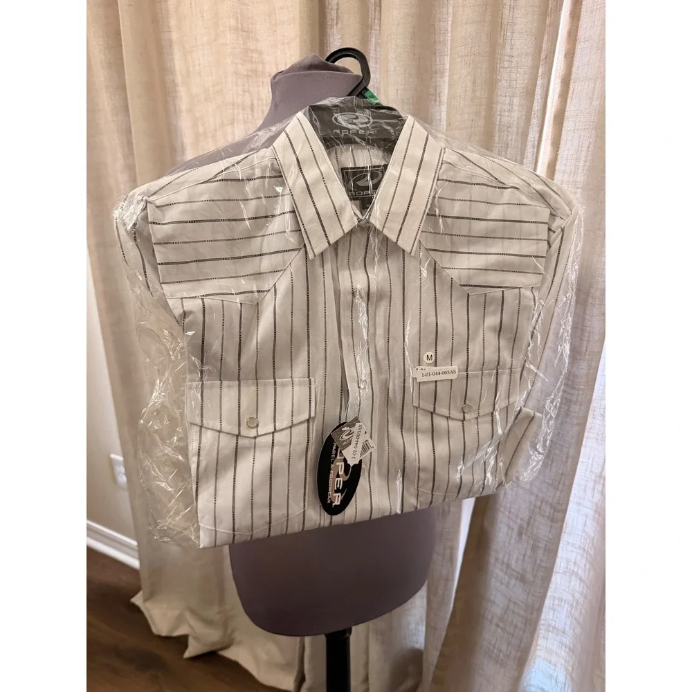 Roper West Made Mens White Black Striped Western Pearl Snap Shirt short sleeve